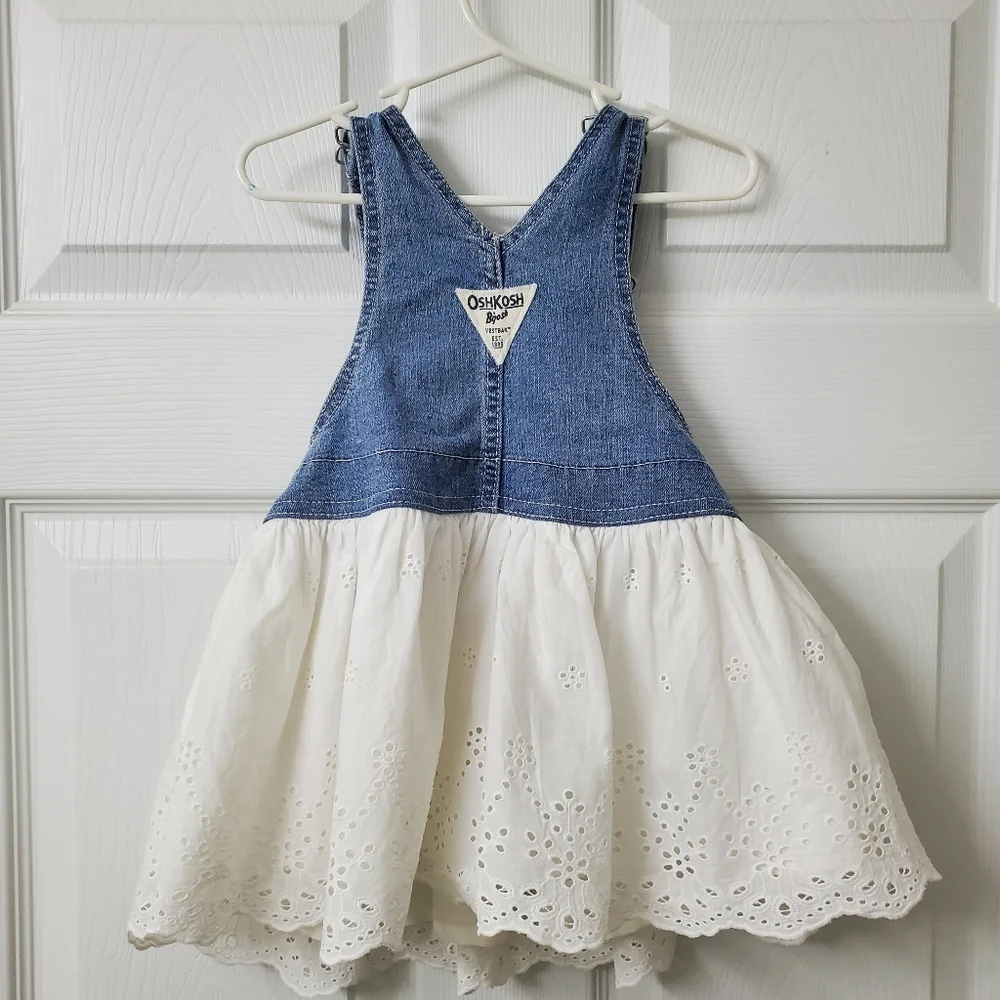 OshKosh B'gosh Denim and White Eyelet Dress Jumper Girls 24 Months